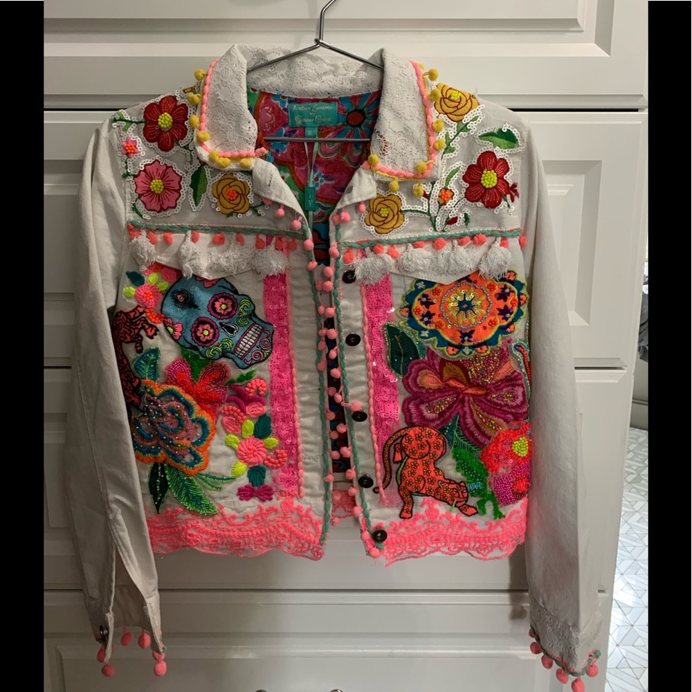 Embroidered Frida Kahlo White Denim Jacket